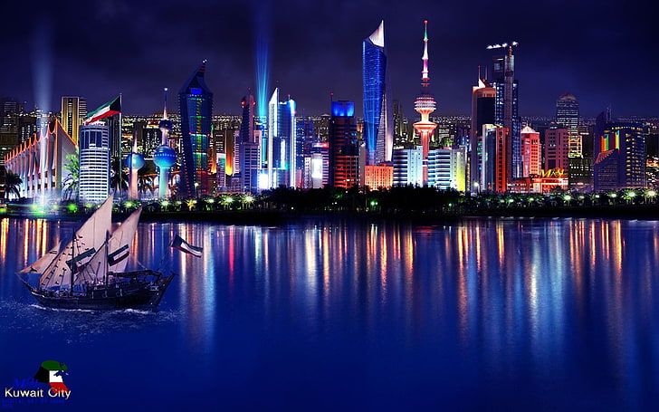 الكويت ، المدينة ، سيتي سكيب ، السفينة الشراعية ، أضواء المدينة، خلفية HD