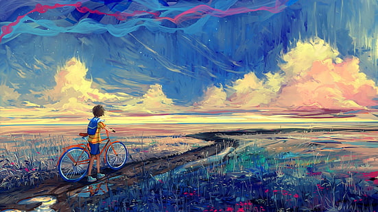 boy holding bike while walking on pathway painting, fantasy art, painting, HD wallpaper HD wallpaper