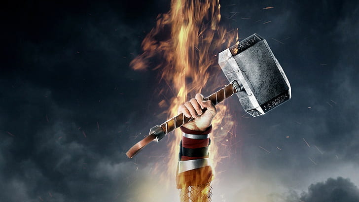 Thor, movies, fire, arms up, Mjolnir, Marvel Cinematic Universe, Thor 2: The Dark World, hammer, HD wallpaper