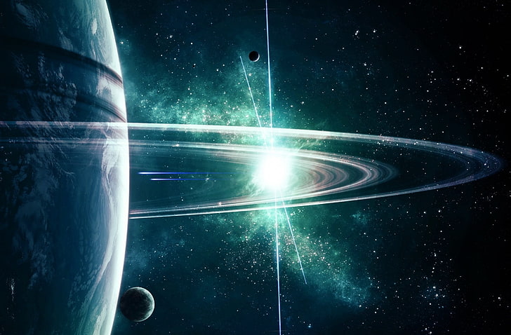 Planet Rings Art, Sonnensystem digitale Tapete, Raum, Universum, Planeten, Licht, Sterne, Grünlich, Kunstwerk, Ringe, Kosmos, Galaxien, digitalart, HD-Hintergrundbild