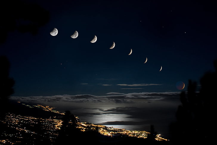 faza księżyca, miasto, światła, księżyc, zaćmienie, Tapety HD