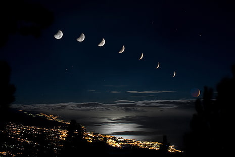 фаза луны, город, огни, луна, затмение, HD обои HD wallpaper