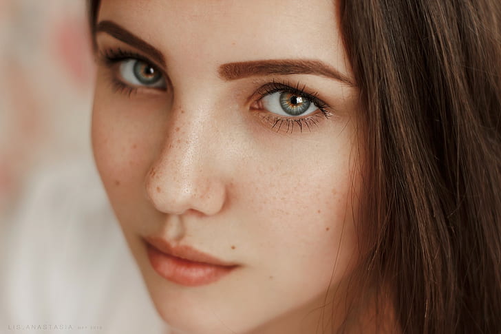 brunette, model, face, portrait, freckles, Anastasia Lis, HD wallpaper