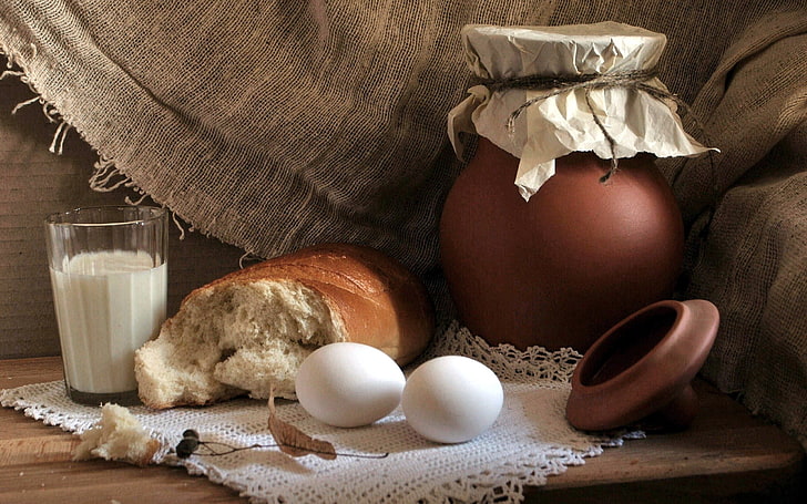 deux œufs blancs et pain, lait, œufs, pot, relish, Fond d'écran HD