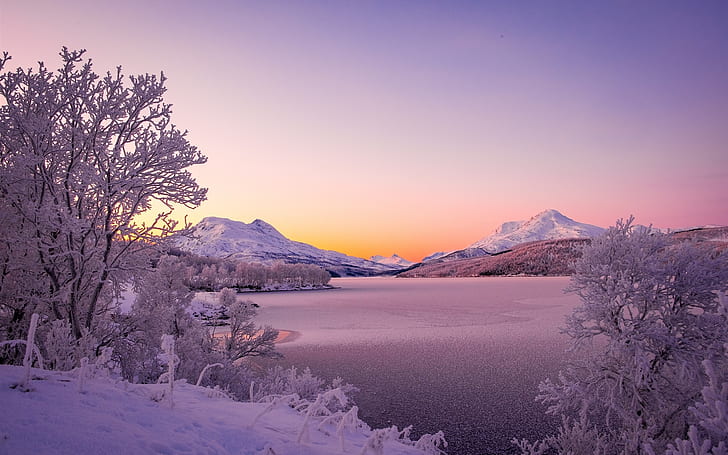 Norge, skandinaviska berg, sjö, vinter, tjock snö, träd, Norge, skandinaviska, berg, sjö, vinter, tjock, snö, träd, HD tapet