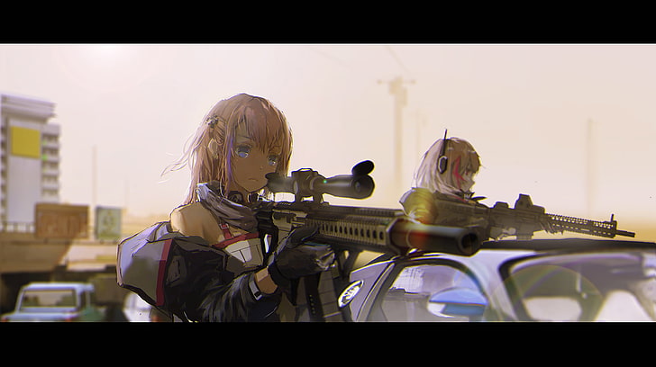 アニメの女の子、銃を持つ女の子、ピンクの髪、車、銃、Girls Frontline、 HDデスクトップの壁紙