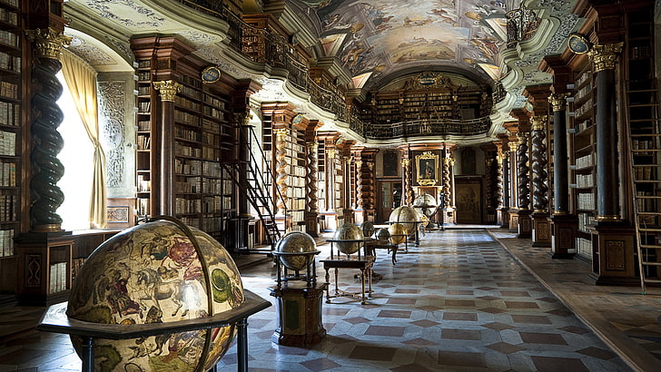 library, interior, globes, books, window, Prague, HD wallpaper