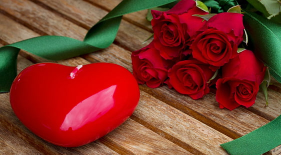* Mawar dan jantung *, bunga, mawar, pita, hati, cinta, lilin, mawar merah, Wallpaper HD HD wallpaper