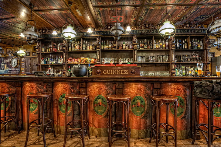 brown Guinness wooden bar, bar, chairs, alcohol, stand, guinness, pub, drinks., HD wallpaper
