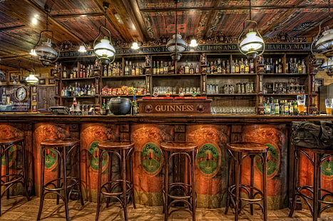 Guinness bar en bois brun, bar, chaises, alcool, stand, guinness, pub, boissons., Fond d'écran HD HD wallpaper