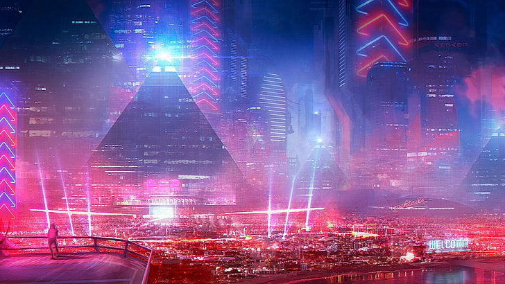 edifici di vetro in città, città, cyberpunk, fantascienza, TheFatRat, Sfondo HD