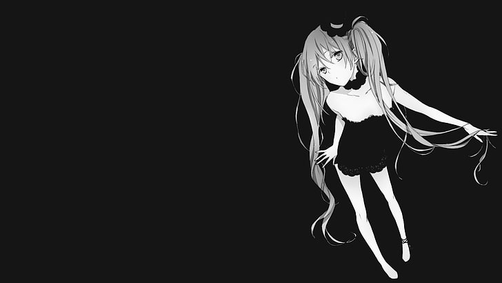 weibliche Anime-Figur-Illustration, Vocaloid, Hatsune Miku, Monochrom, langes Haar, einfacher Hintergrund, Anime-Mädchen, Anime, HD-Hintergrundbild