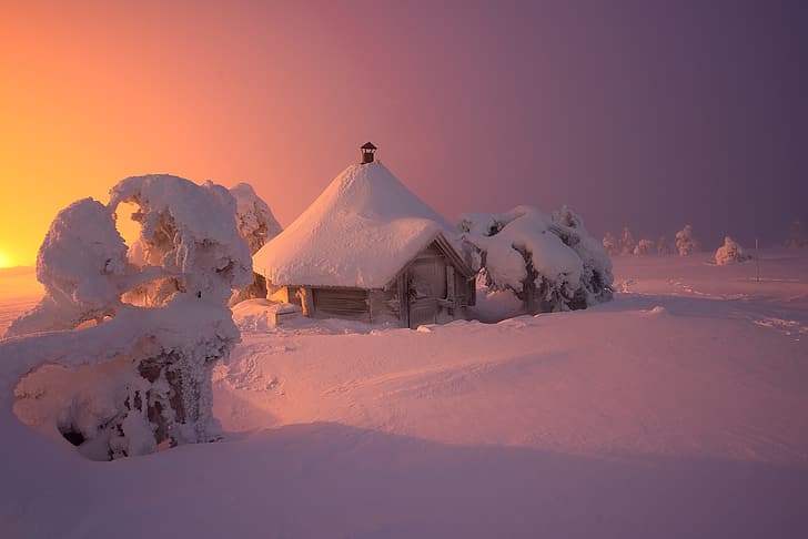 winter, snow, trees, landscape, nature, house, twilight, Lapland, Andrey Bazanov, HD wallpaper