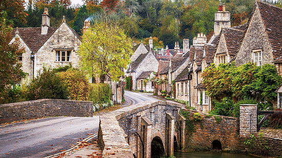 town, waterway, medieval architecture, village, tree, cottage, chateau, estate, house, water, castle combe, city, england, united kingdom, charming, houses, HD wallpaper HD wallpaper