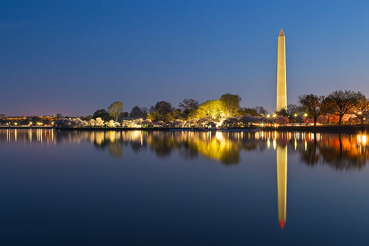 The washington monument under blue sky, washington dc, washington dc, Washington DC, Dawn, HDR, washington monument, dc, tidal  basin, usa, united  states, american  morning, tower  building, landmark, architecture, background, scene, scenic, scenery, landscape, trees, foliage, historic, historical, history, classic, city, capital, urban, water, reflections, symmetry, symmetric, symmetrical, sky, beautiful, epic, travel, tourism, long  exposure, lamp, lamps, light, dark, darkness, contrast, glow, blue  hour, yellow, colorful, colourful, vivid, stock, resource, image, photo, photograph, picture, ca, lake, reflection, famous Place, night, asia, HD wallpaper