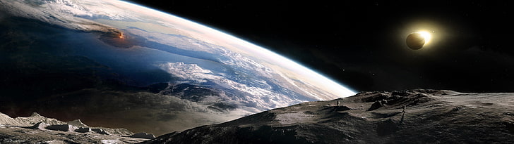 przestrzeń wiele wyświetlaczy ziemia gwiazdy planeta astronauci wulkan, Tapety HD