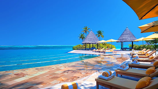 sun lounger and yellow parasol lot, landscape, tropical, hotel, sea, HD wallpaper HD wallpaper
