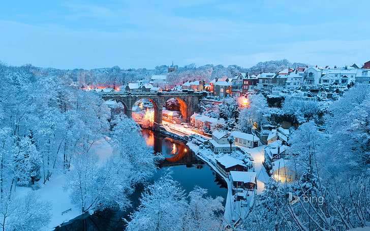 white houses, winter, snow, landscape, bridge, lights, river, England, home, North Yorkshire, Knaresborough, HD wallpaper