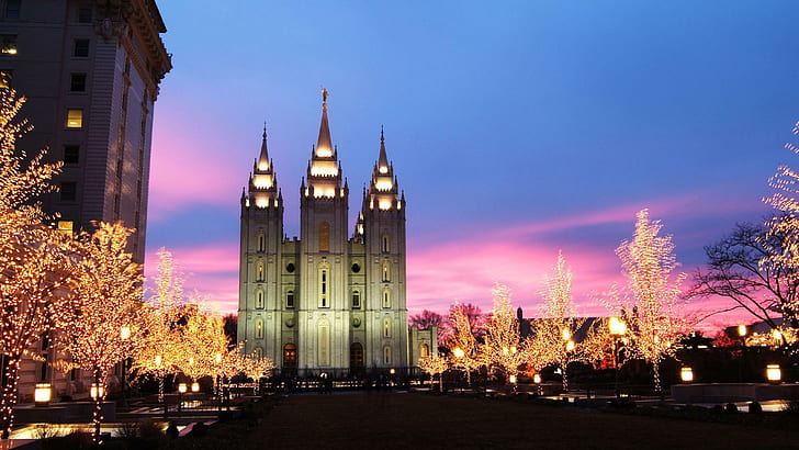 Мормонски храм По Коледа, светлини, празници, Коледа, храмове, природа и пейзажи, HD тапет