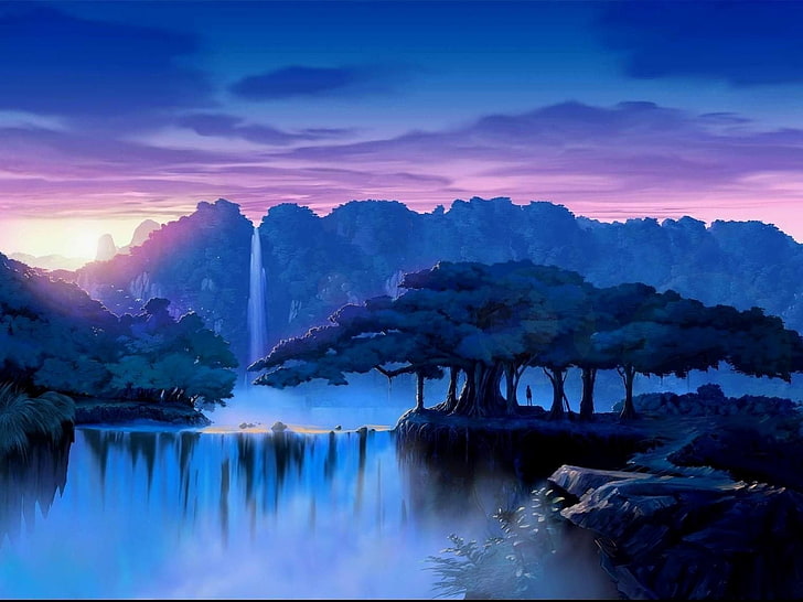 滝、ファンタジー、風景の絵、 HDデスクトップの壁紙