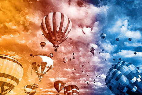 hot air balloons floating in the sky, Acrylic, hot air balloons, sky, ballooning, aviation, transport, transportation, object, objects, painting, watercolor, watercolour, abstract, arts, artistic, brush  strokes, splash, canvas, backdrop, background, texture, textured, grunge, grungy, bright, fun, clouds, cloudy, beauty, beautiful, pretty  fly, scene, scenic, scenery, orange, red  violet, purple  blue, cyan, black  rainbow, colorful, colourful, stock, resource, image, picture, photo, high, res, resolution, photomanipulation, manipulation, art, creative, ca, hot Air Balloon, flying, air, basket, adventure, backgrounds, HD wallpaper HD wallpaper