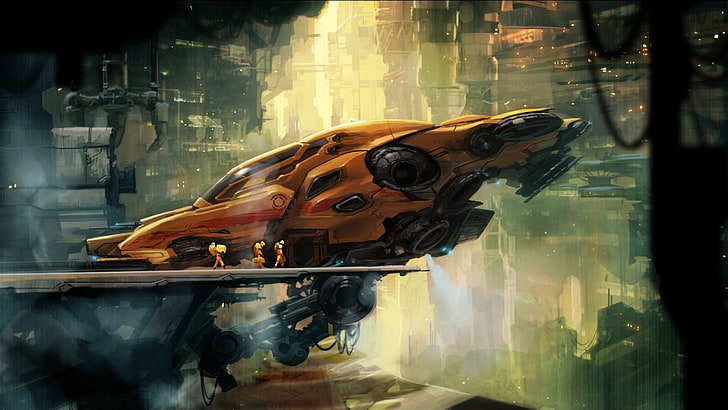 orange aircraft illustration, artwork, digital art, spaceship, futuristic, dock, science fiction, HD wallpaper