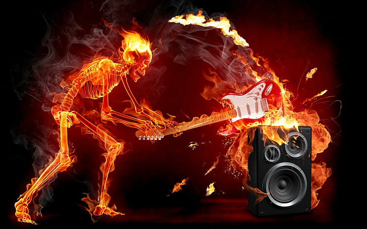 Skelet On Fire Smashing Guitar On Speaker, speaker, hell fire, skull, guitar, hardrock, rock, music, hell, fire, skelet, smashing, 3d and abstract, HD wallpaper