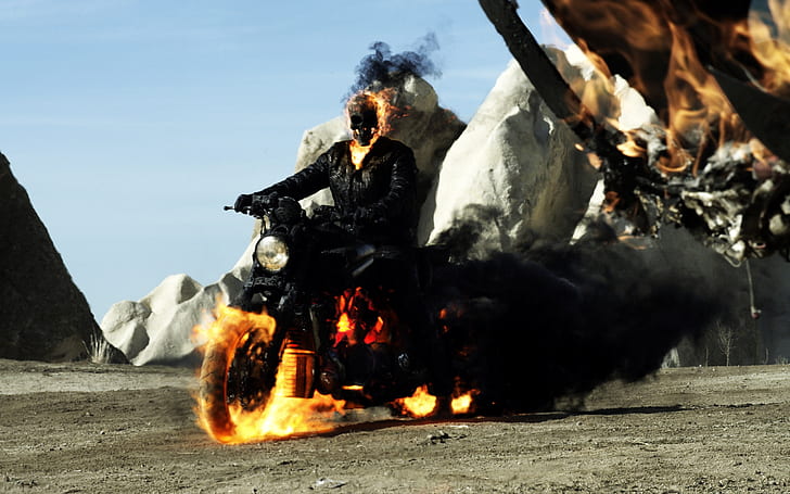 Ghost Rider Spirit of Vengeance 2012, man riding in motorcycle with fire photography, Johnny Blaze Ghost Rider, Nicolas Cage, fire, moto, HD wallpaper