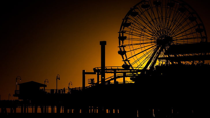 black ferris wheel, landscape, California, USA, sunset, Los Angeles, silhouette, pier, street light, wheels, carousel, sunlight, HD wallpaper