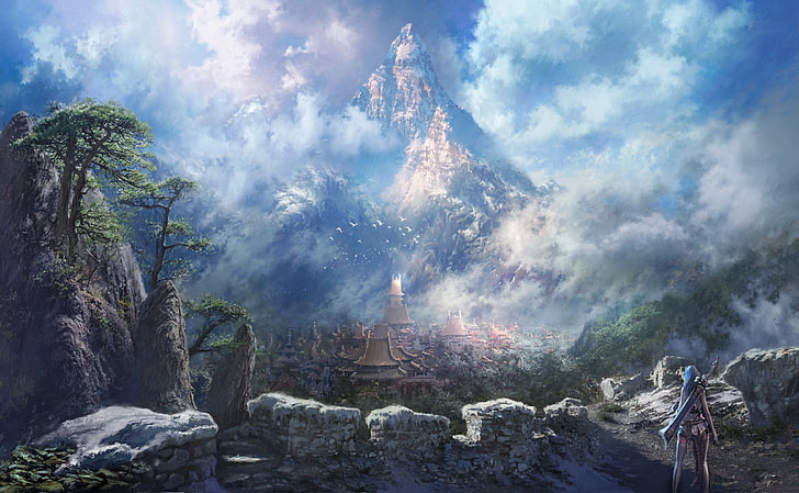планина и облаци тапет, аниме, фентъзи изкуство, природа, планини, Blade and Soul, видео игри, HD тапет