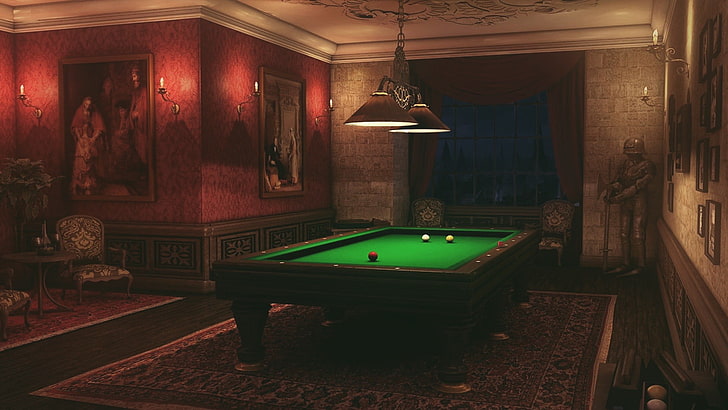 meja biliar hitam dan hijau, biliar, kamar, desain interior, meja biliar, Wallpaper HD