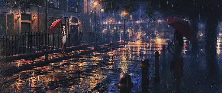 비가 오는 동안 빨간 우산을 들고 여자의 그림, 초광각, 일본, HD 배경 화면 HD wallpaper