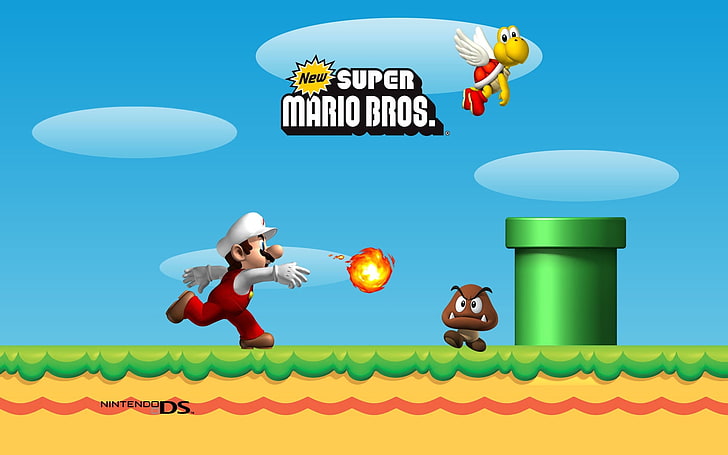 Nintendo DS Super Mario Bros. game cover, mario, ball, fire, pipe, HD wallpaper