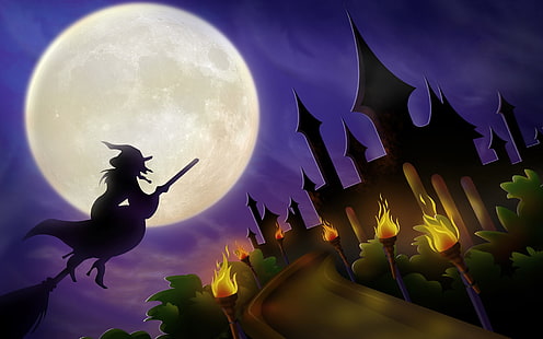 Fondos de Halloween, ilustración de brujas voladoras, festivales / fiestas, Fondo de pantalla HD HD wallpaper