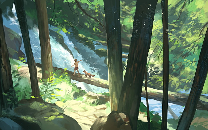 menino e cachorro na pintura de tronco de árvore, arte digital, floresta, raposa, rocha, cachoeira, água, árvores, meio ambiente, natureza, HD papel de parede