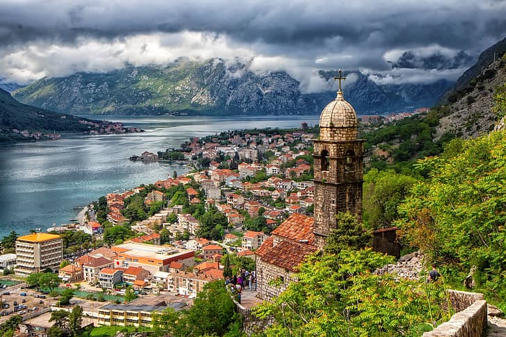 clouds, mountains, building, tower, home, Church, panorama, Bay, Montenegro, To, Kotor Bay, Kotor, Bay of Kotor, Dinaric Alps, The Dinaric Alps, HD wallpaper