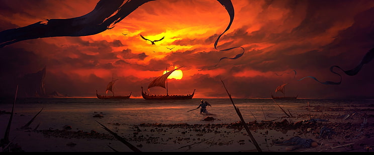 лодки и закат обои, цифровое искусство, произведение искусства, закат, Доминик Майер, пляж, поля сражений, корабль, море, фэнтези-арт, темная фантазия, солнце, небо, HD обои HD wallpaper