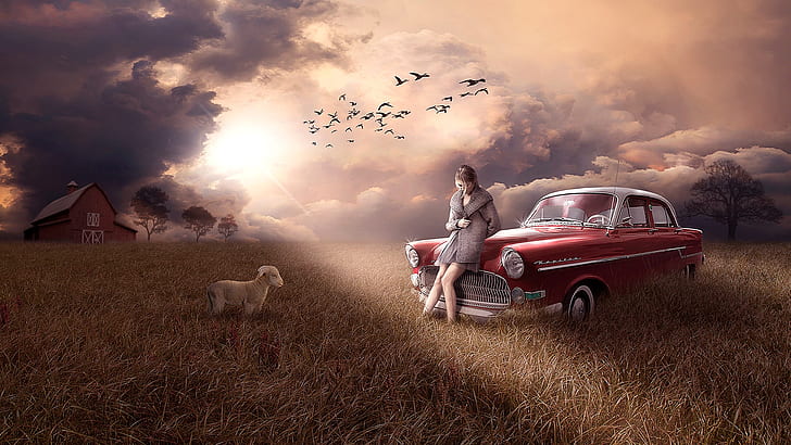 girl, vintage car, sad, meadow, lamb, landscape, heartbreak, sad girl, sunlight, sadness, romantic, sunset, alone, car, HD wallpaper
