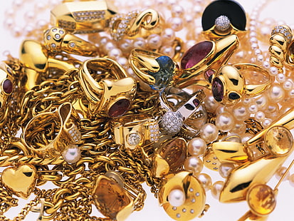 accesorios dorados, oro, joyas, brillantes, Fondo de pantalla HD HD wallpaper