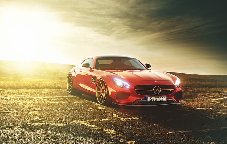 Mercedes-Benz สีแดง รถ AMG พระอาทิตย์ตก เสรีภาพ Walk, วอลล์เปเปอร์ HD
