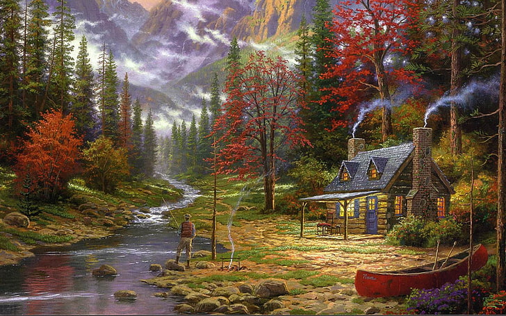 house surrounded with trees near body of water painting, forest, mountains, house, river, boat, figure, picture, fisherman, ate, art, drawings, pictures, hut, painting, the fire, Thomas Kinkade, The Good Life, HD wallpaper