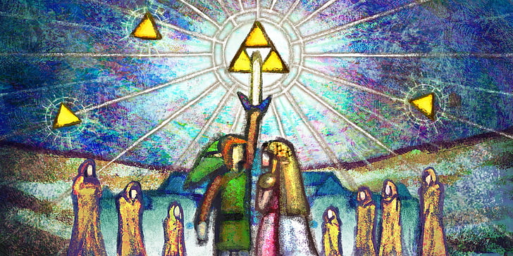 lukisan religius, karya seni, video game, The Legend of Zelda, Link, Princess Zelda, Triforce, Master Sword, Wallpaper HD