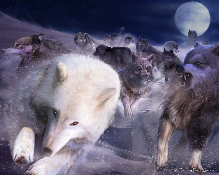 pack of wolf painting, wolves, pursuit, rage, white, moon, HD wallpaper