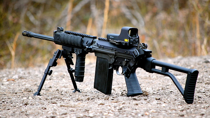 черная штурмовая винтовка M4A1 с вертикальной рукояткой и голографическим прицелом, пистолет FN FAL, черная винтовка, HD обои