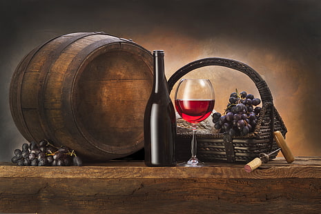 زجاجة النبيذ الأسود والنبيذ الزجاجي الشفاف ، النبيذ ، السلة ، الزجاجة ، العنب ، البرميل ، المفتاح، خلفية HD HD wallpaper