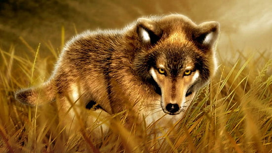 Lobo misterioso, lobo marrón y negro, cachorro de lobo, lobo negro, fantasía, lobo gris, naturaleza, lobo, vida silvestre, lobo blanco, animales, Fondo de pantalla HD HD wallpaper