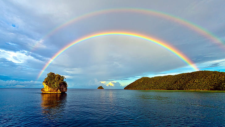 arco iris, nubes, cielo, horizonte, bosque, colinas, Indonesia, Isla Misool, Raja Ampat, Fondo de pantalla HD