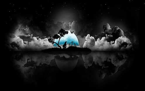 Noche oscura, silueta de lobo bajo ilustración de luna, espacio, tierra, aullidos, cementerio, luna, nubes, noche, oscuro, 3d y abstracto, Fondo de pantalla HD HD wallpaper
