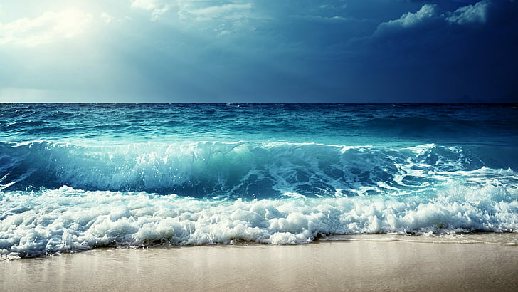 sea, wave, ocean, sky, body of water, shore, horizon, wind wave, water, cloud, daytime, beach, calm, sunlight, HD wallpaper