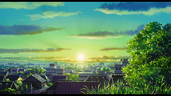 anime cityscape sun sunlight town, HD wallpaper HD wallpaper